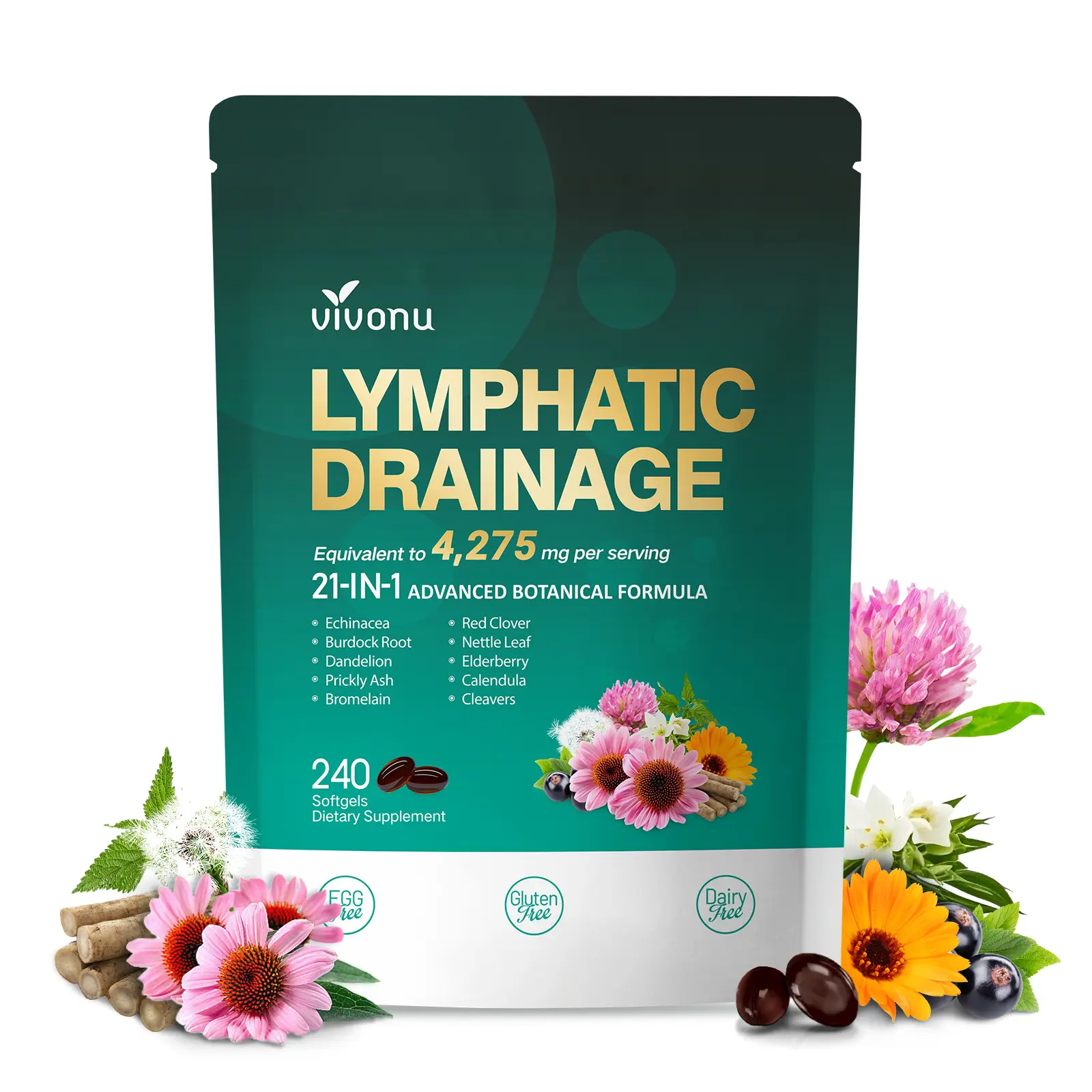 VivoNu  Lymphatic - Supports Lymphatic Circulation  | Key Ingredients: Echinacea, Dandelion, Nettle, Burdock, Calendula, Red Clover | 240 Capsules | Supports Immune System & Metabolism