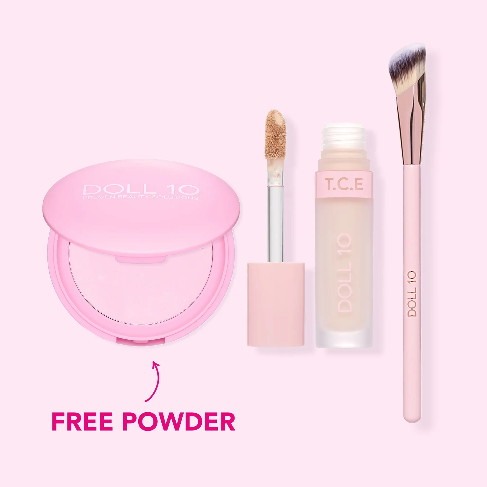Cover and Brighten Bundle | TCE Concealer with Peptides, Airbrush Concealer Brush, Pressed Pink Powder