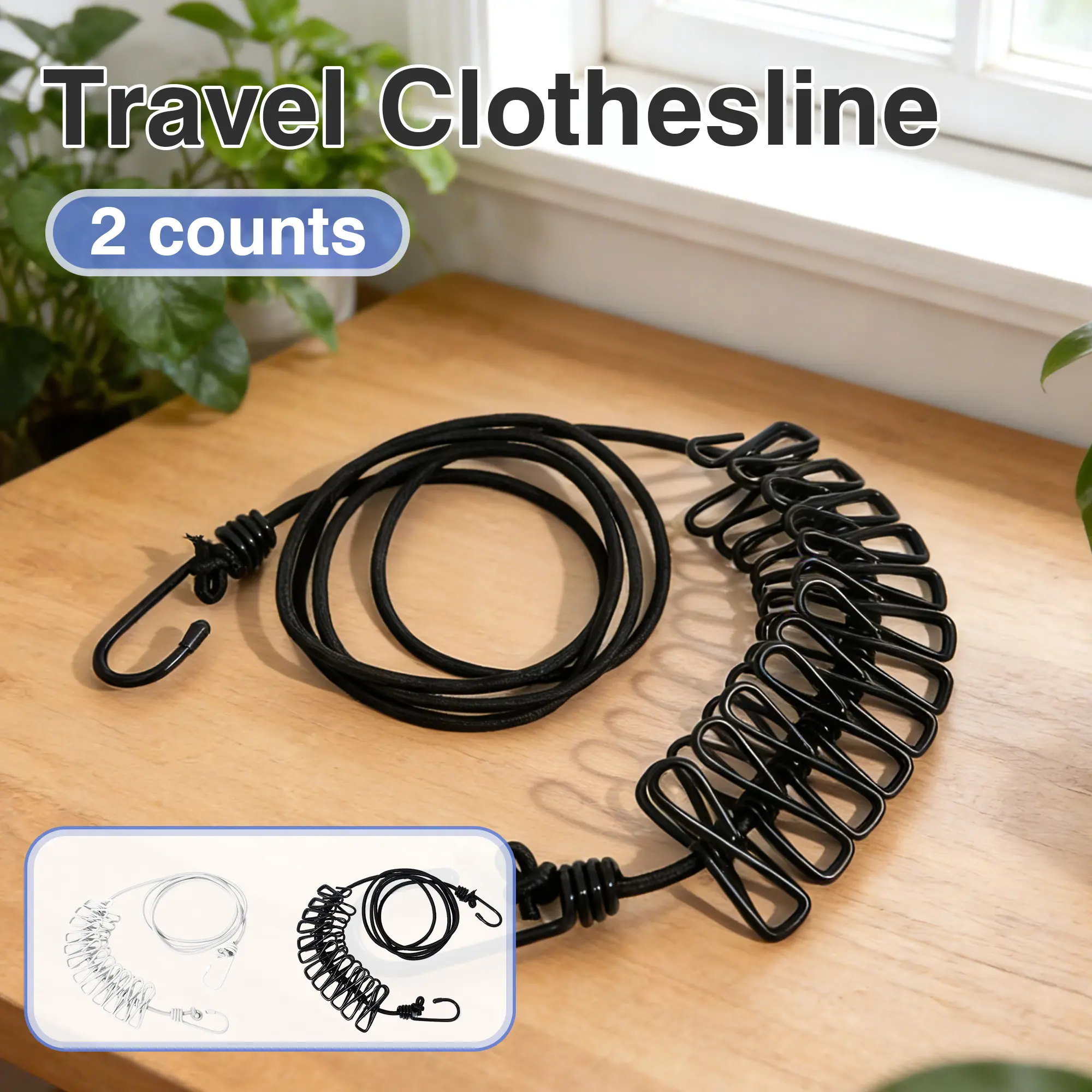 2-Count Metal Stainless Steel Travel Clothes Hangers with Extendable Windproof Rainproof Drying Ropes, White & Black Heavy Duty Laundry Tools & Accessories for Student, Boat Use, Traveling