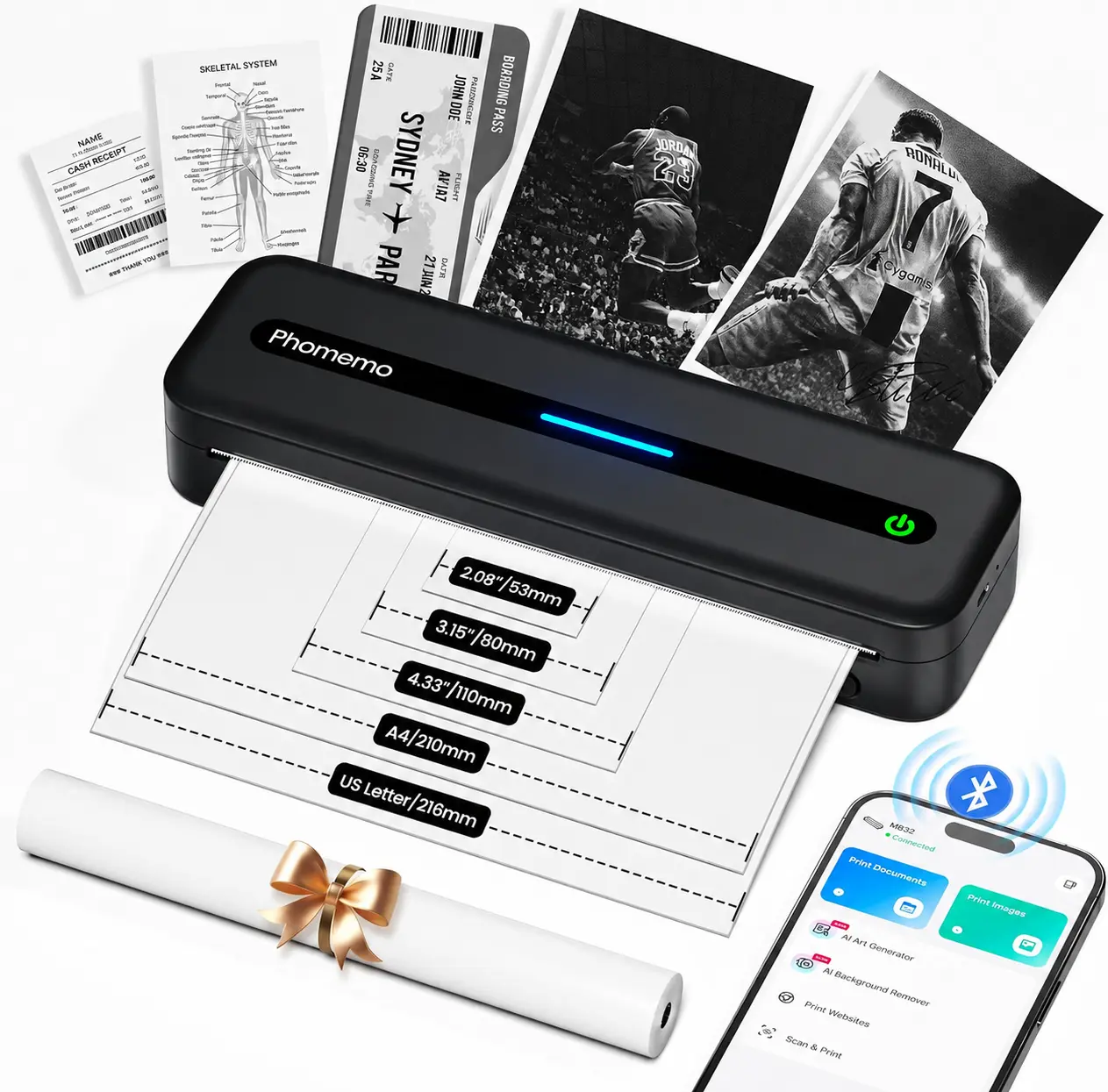 Phomemo A4 Portable Thermal Printer, M832 Inkless Bluetooth Thermal Printer, Wireless Mini Printer, Support 8.5'' x 11'' US Letter & A4 Paper, Compatible with iPhone Android Laptop for Mobile Office &Travel, Compact Thermal Printing TikTokShopBackToSchool