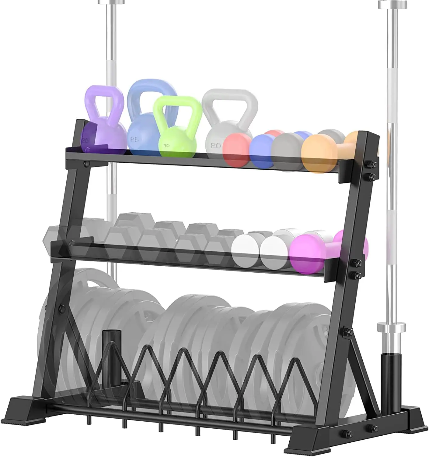 Ultra Fuego Multi-Tiered 3-Level Dumbbell Rack Storage Stand - Heavy-Duty Steel Space Saver Display Stand for Weight Plates, Kettlebells, Curling Bars, Three Levels Multifunctional Gym Equipment Home Gym Organization, Safe Tri‑Frame