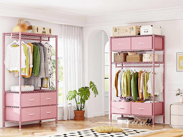 Raybee 3 in 1 Clothes Rack with 4 Drawers, 445LBS Heavy Duty Clothing Rack Closet Rack, Garment Racks for Hanging Clothes Heavy Duty Clothes Rack DIY Portable Adjustable Storage Rack for Apartment, Bedroom, Laundry Room