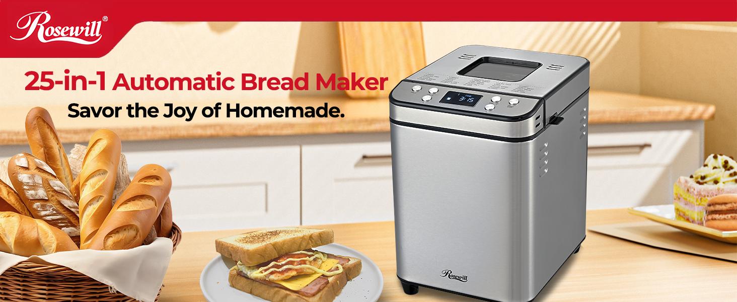 Rosewill 25-in-1 Automatic Bread Maker Machine with 3 Loaf Size up to 2LB, 700W High Power Dual Heater Bread Maker with BPA-free Nonstick Coating Pan, Max 15 Hours Delay Timer, Low Noise - Silver