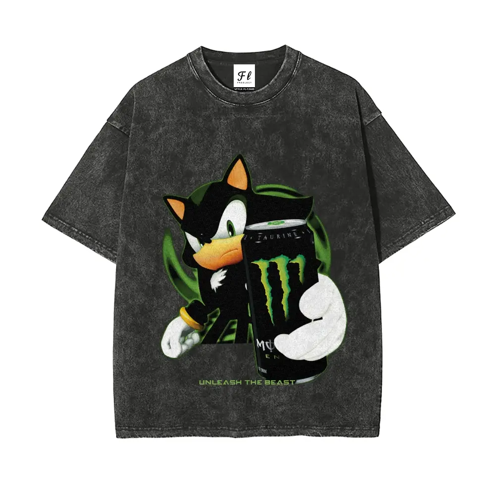 Men's Shadow the Hedgehog x Monster Energy Unleash the Beast Vintage Retro Wash Short-Sleeve Round Neck Casual Menswear Cotton Top, Streetwear T-Shirt