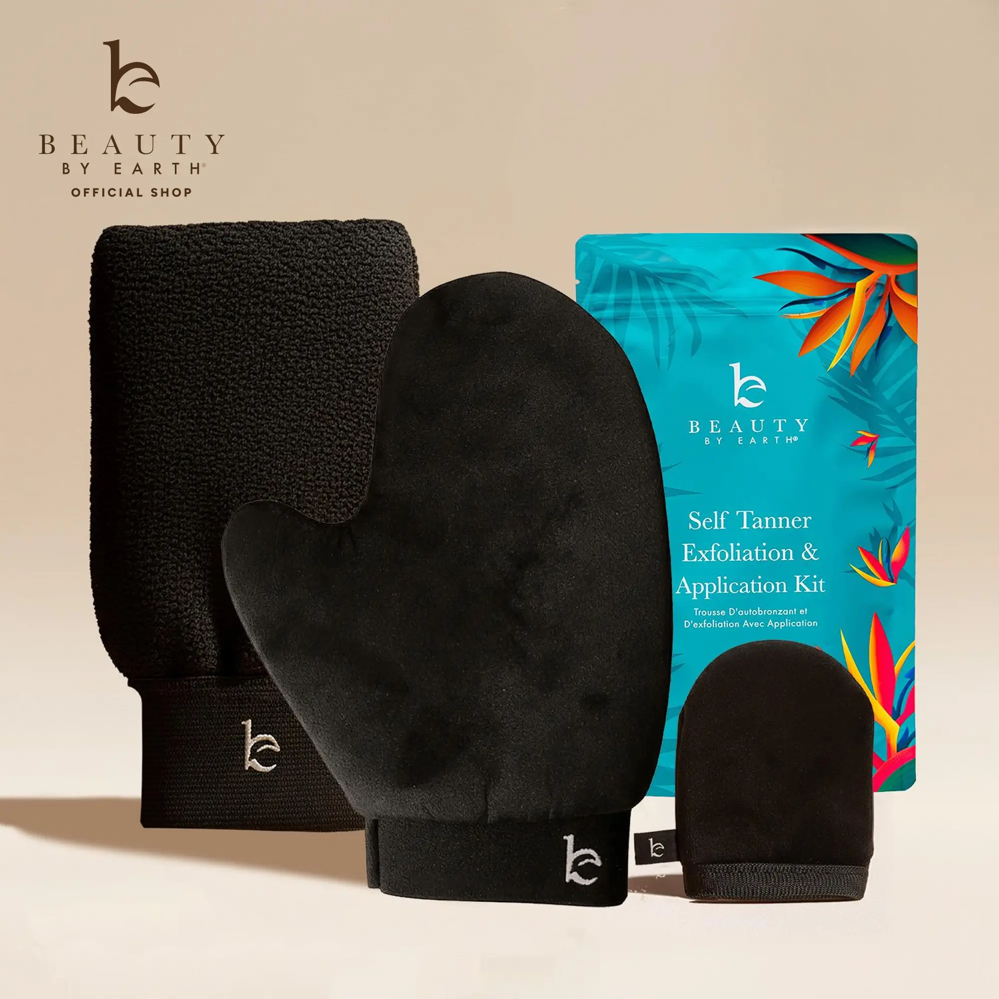 Beauty by Earth Self Tanning Application Kit (3-Piece Set) - Exfoliating Glove Hand Mitt Finger Mitt for Flawless Effortless Self Tanner Streak-Free Full Body Application