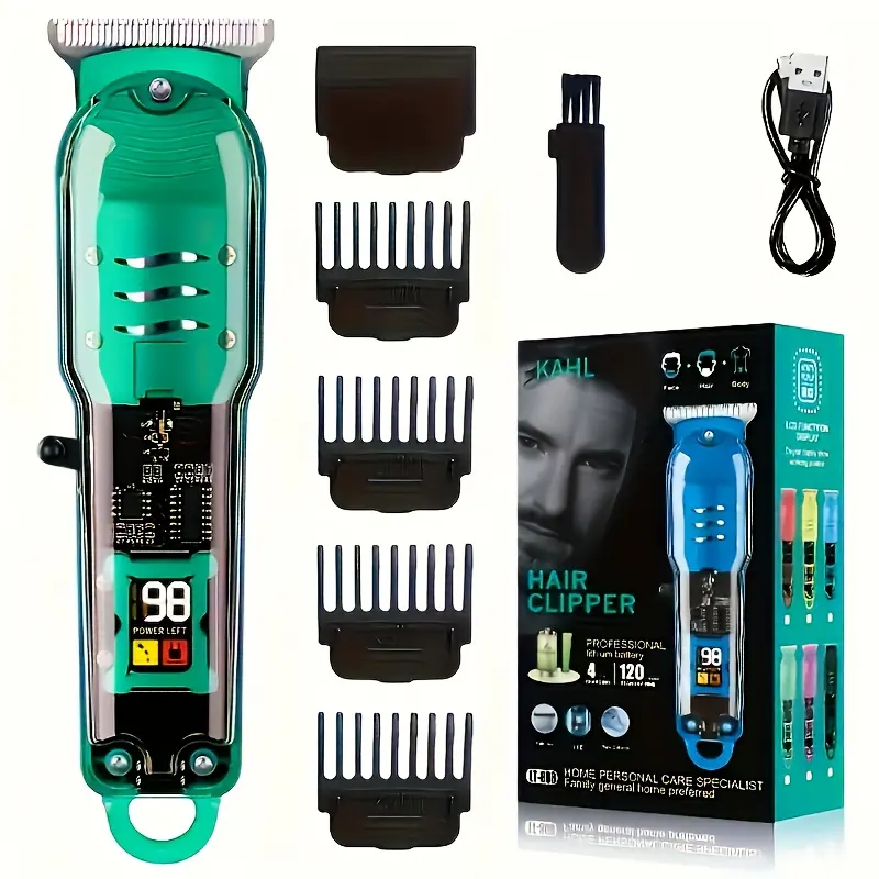 Men's Professional Transparent Durable Rechargeable Wireless Hair Clippers, USB-C Cordless Electric Trimmer with Smooth Handle for Precision Grooming, Easy Cleaning & Abs Grooming