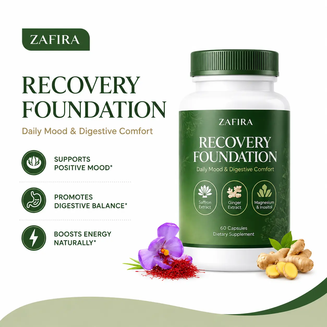 Zafira Recovery Foundation Daily Pill Capsules - Natural Blend of Saffron Extract, L-Theanine, Ginger, Myo-Inositol, Non-GMO Wellness Supplement, 60 Count