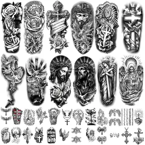 77 Sheets Christian Cross Temporary Tattoo for Women Men, 17 Sheets Half Arm Large Religious Jesus God Fake Tattoos, 60 Sheets Angels Black Christ Tiny for Adult Kids Body Tattoos Stickers Realistic Henna Pen