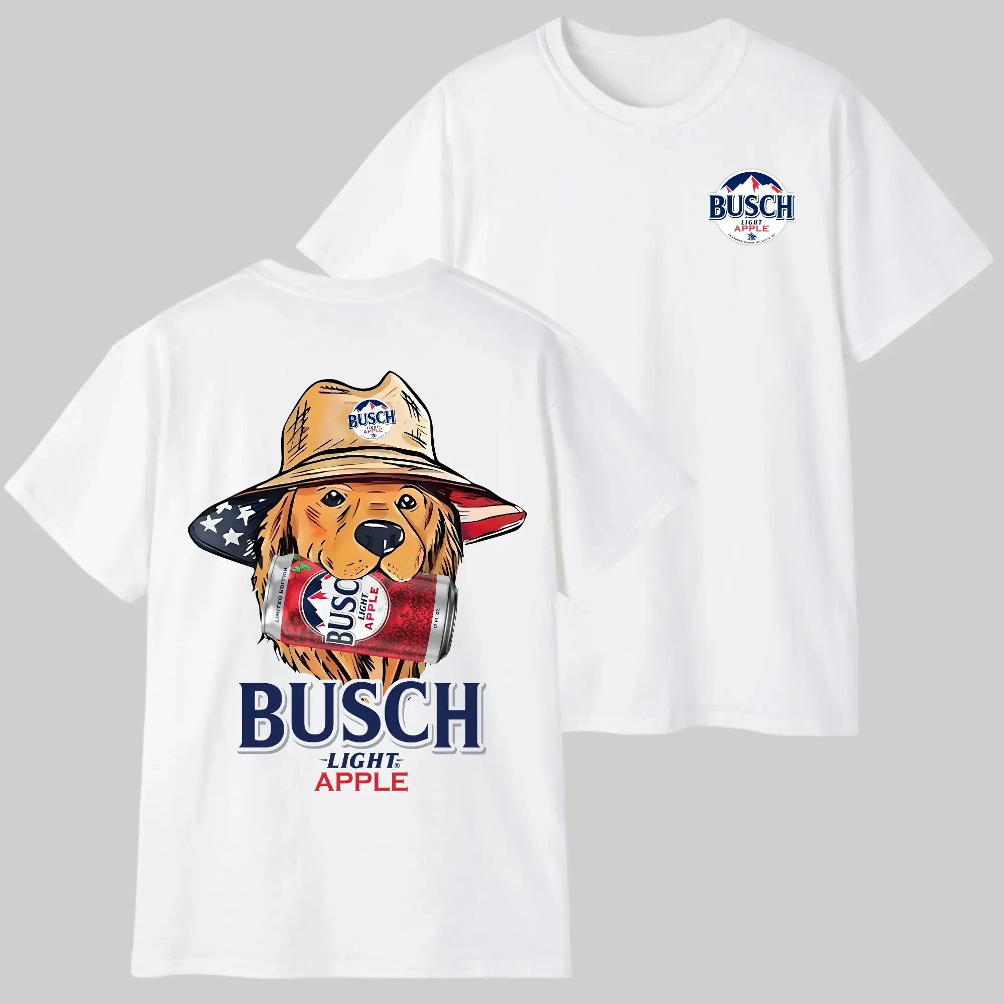 Vintage Busch Apple Dog T-Shirt, Retro Golden Retriever Beer Graphic Tee, Ash Grey Summer Outdoors Shirt, Cool Puppy Wearing Sunglasses Busch Tshirt, Funny Dog Lover Beer Gift