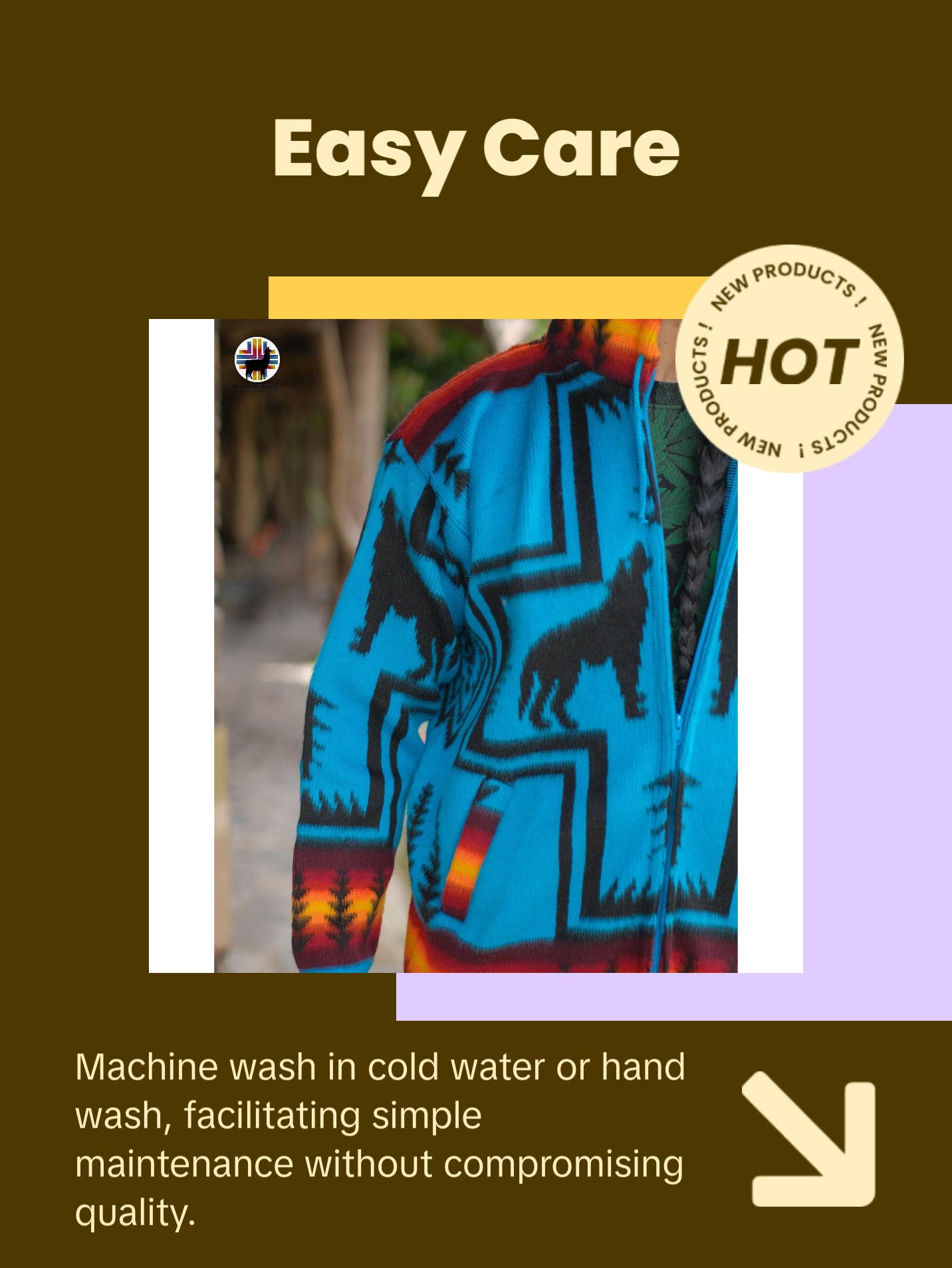 Blue Wolf Spirit Alpaca Wool Jacket. Handcrafted by Indigenous Hands. Super warm and soft. Machine Washable Blue Wolf Spirit Alpaca Wool Jacket. Handcrafted by Indigenous Hands. Super warm and soft. Machine Washable