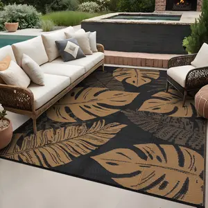 Leaf Print Outdoor Rug Double-Sided Reversible Plastic Straw Woven Rug Foldable Garden Decoration Rug Large Size Washable Outdoor Rug for Terrace Beach RV Picnic Balcony Patio