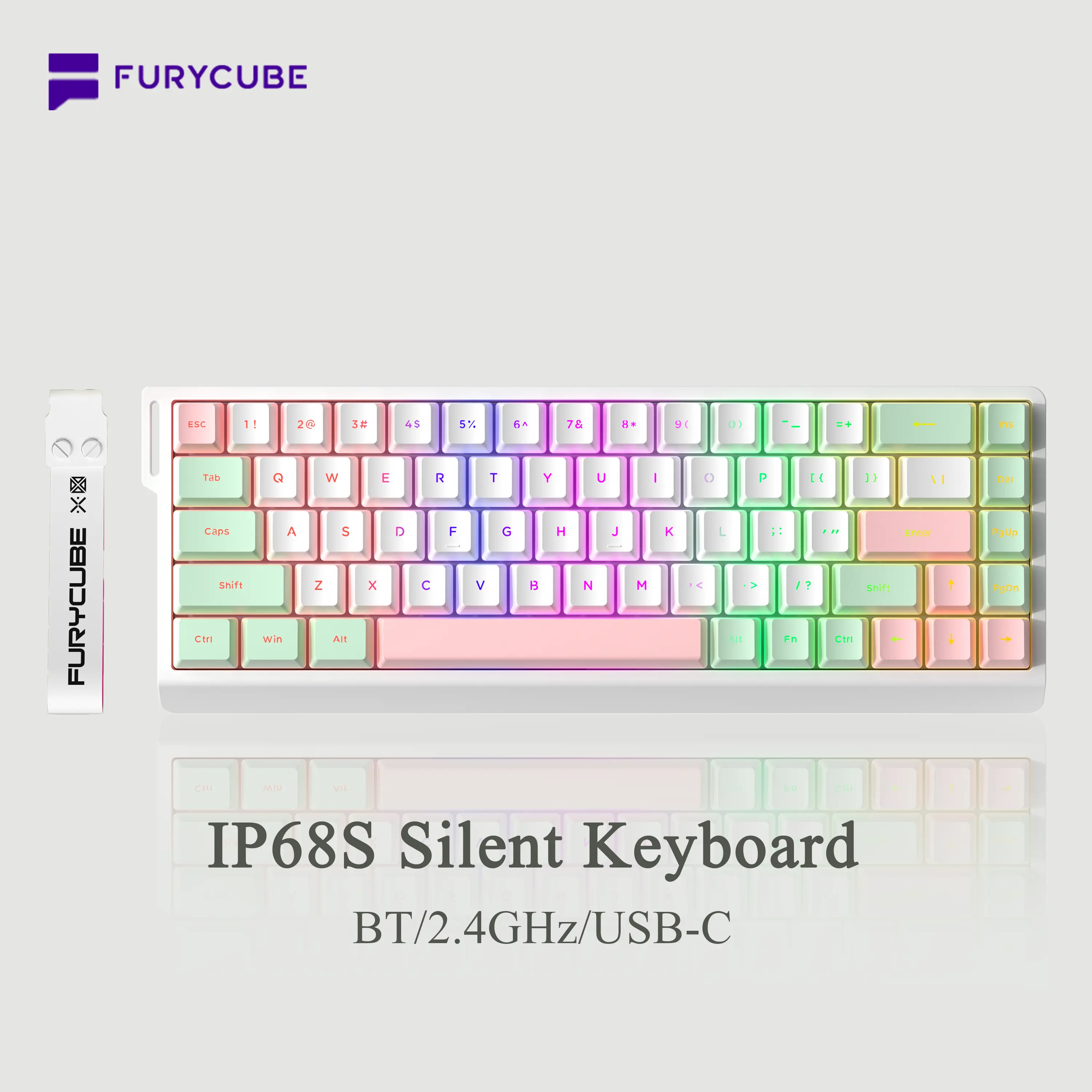 FURYCUBE IP68S 68-Key Gaming Keyboard with Ribbon, PBT Keycaps, RGB Backlit Mechanical-Feel Membrane, BT/2.4GHz/USB-C Tri-Mode, Ergonomic Silent, RGB Setup, Multi-Color LED for PC, Mac, Office ergonomic keyboard