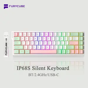FURYCUBE IP68S Gaming Keyboard 68 Keys with Ribbon, RGB Backlit Mechanical-Feel Membrane Keyboard, PBT Keycaps, BT/2.4GHz/USB-C Tri-mode Cute Ergonomic Silent Keyboard for PC, Mac, PS4, Xbox One, Office, Gift, Light, Smooth