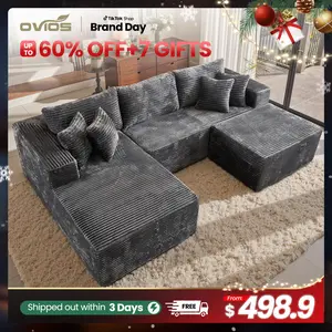 【2 Packages Shipping】Ovios 106" Plush Corduroy Cloud Velvet Modular Boneless Couch with Chaise & Ottoman, No Assembly Required - L/U-Shaped Sectional Sofa Set with Flexible Configuration - 107"W x 69.5"D x 30"H, 3 Seater