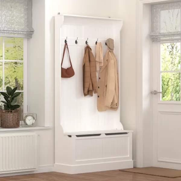 Entryway Bench with Standing Coat Rack, Hall Tree with Shoe Storage Bench, Entryway Organizer with 5 Hooks, White