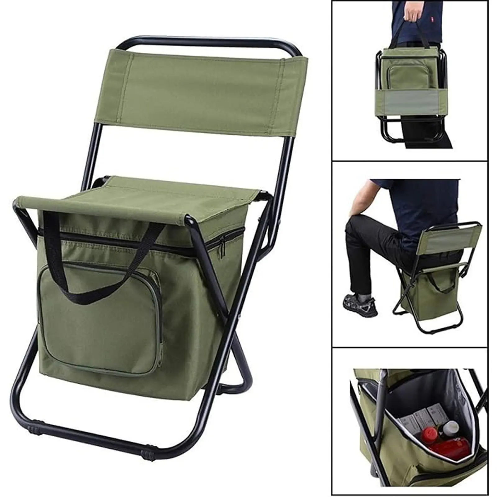 Portable Folding Fishing Chair with Cooler Bag, Compact Fishing Stool, Foldable Camping Chair, Durable Oxford Fabric Sport Outdoor Chair, Supports Up to 440 lb, Suitable for Travel, Camping, Hunting, Hiking and Fishing Stuff