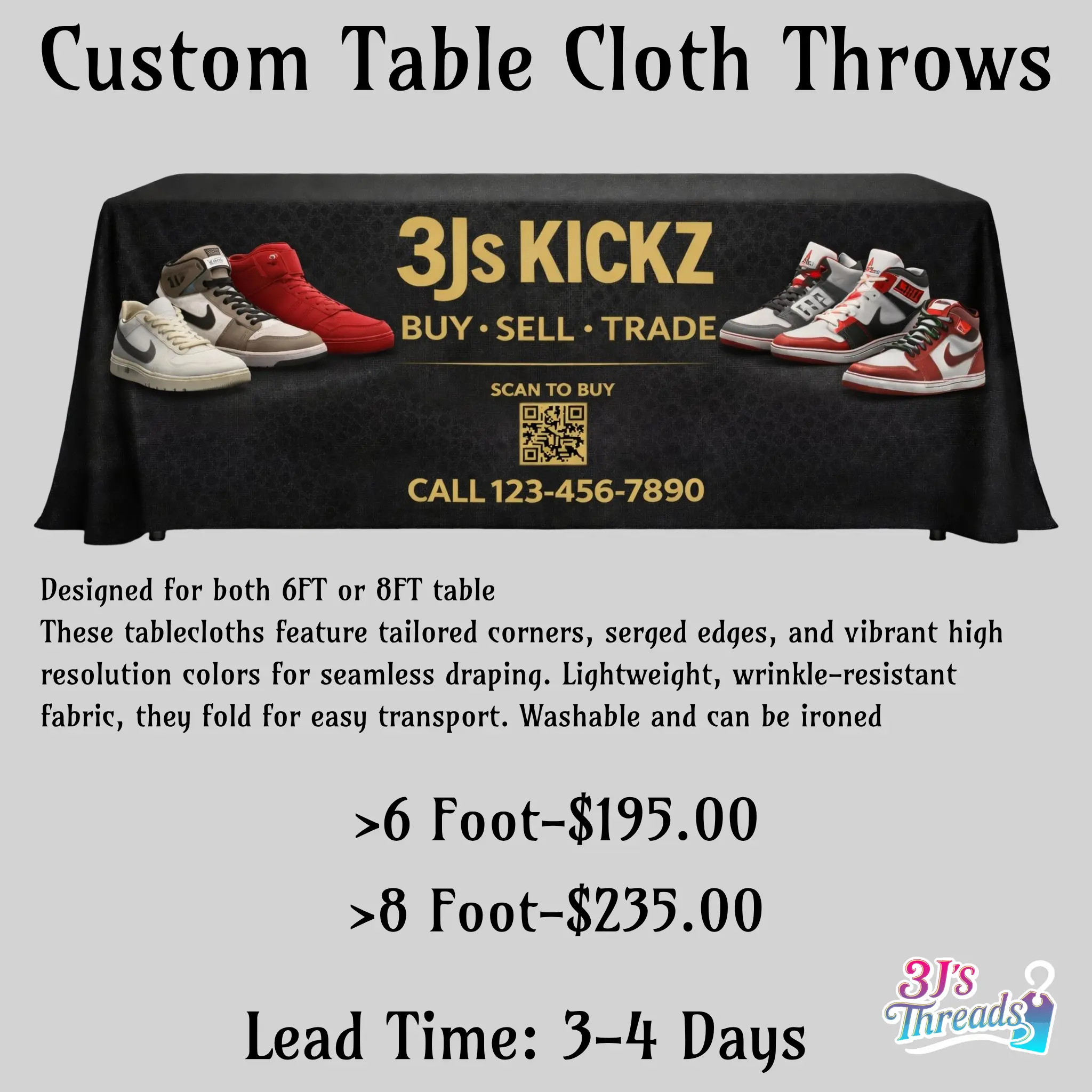 3J's Threads & Treasures Custom Fabric Table Cloth Throw - 1-Piece, High-Res Printed, Vibrant Logos, 6ft-8ft Rectangle, Versatile for 6ft Table, Trade Shows, Outdoor Furniture Events