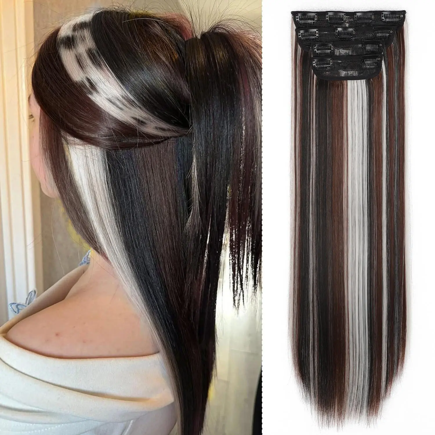 Women's Colorful Clip in Hair Extensions, 20Inch 4PCS Thick Synthetic Hairpieces, Long Straight/Wavy Double Weft Fiber Hair, White Black Mix Dark Brown Calico Hair Extension Daily Use