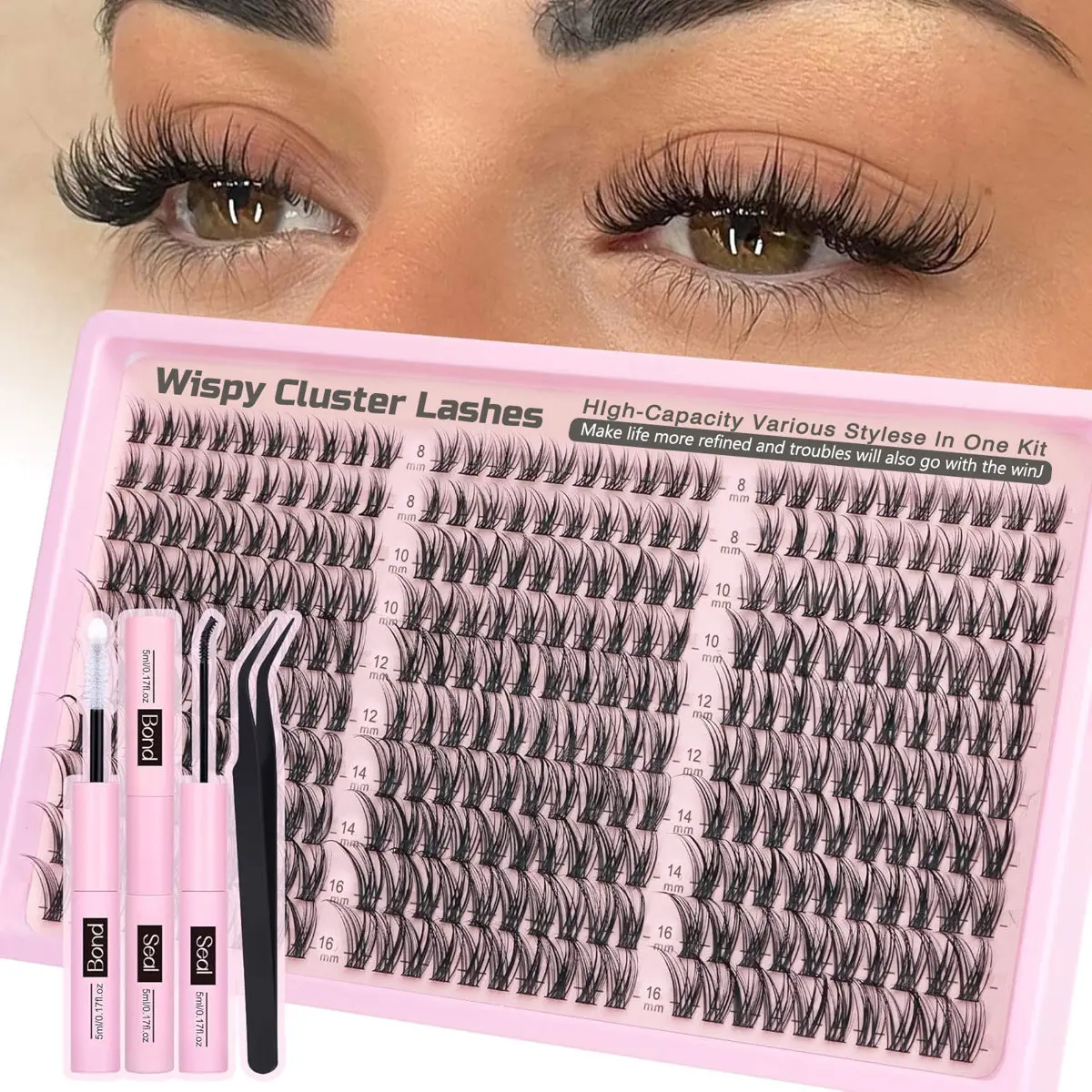 Wispy Lash Clusters Kit, 300pcs C Curl Individual Cluster Eyelash Extensions, 8-16mm Natural DIY Lash Extension Kit with Tweezers Longer Looking Lashes Cosmetic