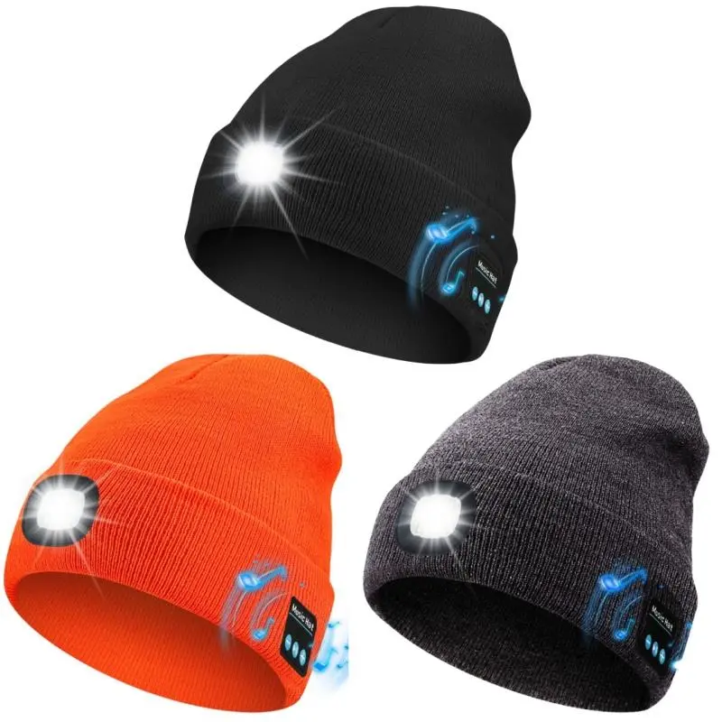 Bluetooth Beanie with Light, Unisex USB Rechargeable 4 LED Fashlight Hat with Cordless Headphones, Warm Beany Knit Balaclava Outdoor Activities Skull Cap Cycling