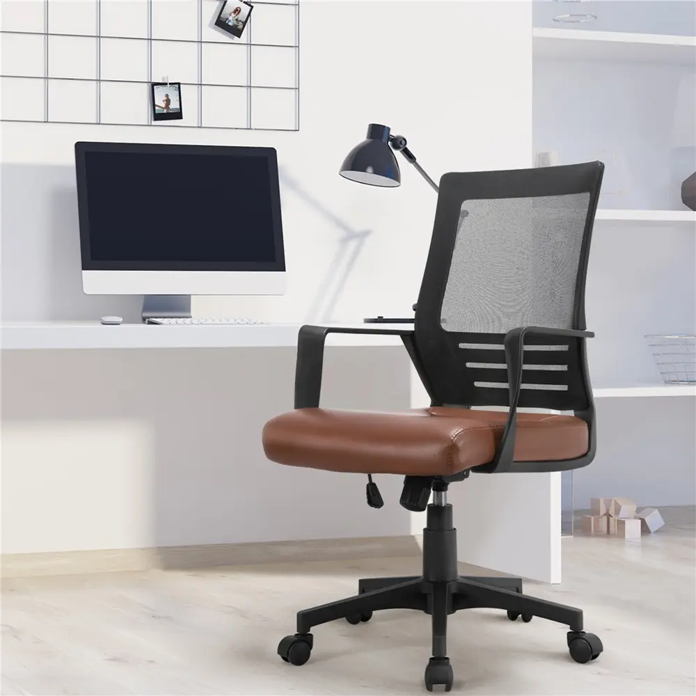 Costoffs PU Leather Ergonomic Office Desk Chair - Mid Back, 360-Swivel, Adjustable Lumbar Support, Padded Seat, Height Adjustment, Cool Mesh Back, Padded Arms, Casters, Brown Home Office Furniture, 20min Assembly, Curved Back Relief for WFH Setup