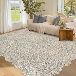 Garvee Imitation Braided Collection 4x6 Scalloped Entryway Rug with Non Slip Rubber Backing, Soft Low Pile Farmhouse Accent Rug for Living Room, Bedroom, Dining Room