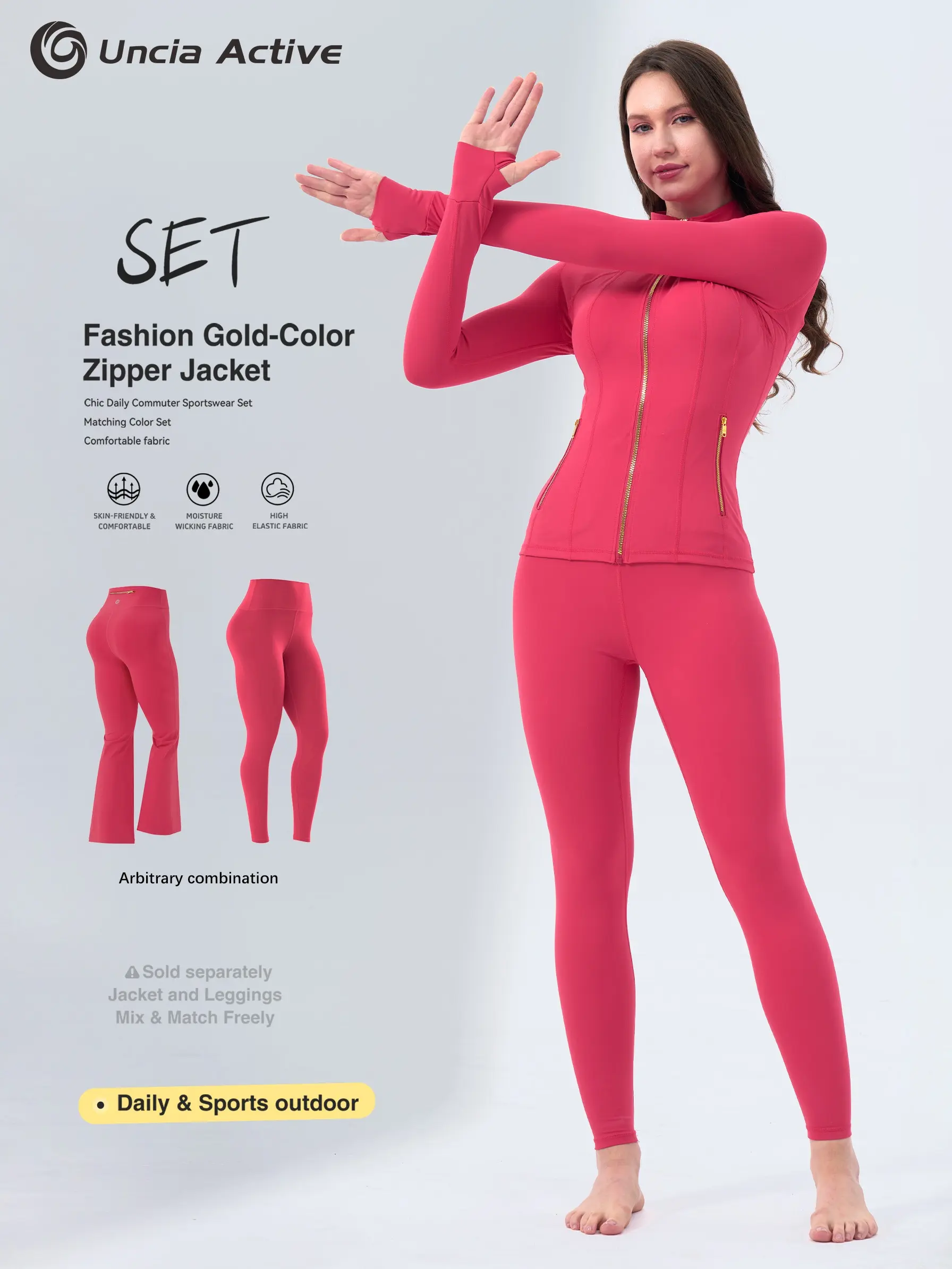 【Gold-Color zipper】Soft Brushed Women's Sporty Jacket, 25'' Inseam Leggings. Gold-Color zipper Jacket with Pockets, Yoga Pants, Thumbholes Design, Casual Wear for Women Sweat Suit Active Dresse Set Try it,travel essentials,camping essentials