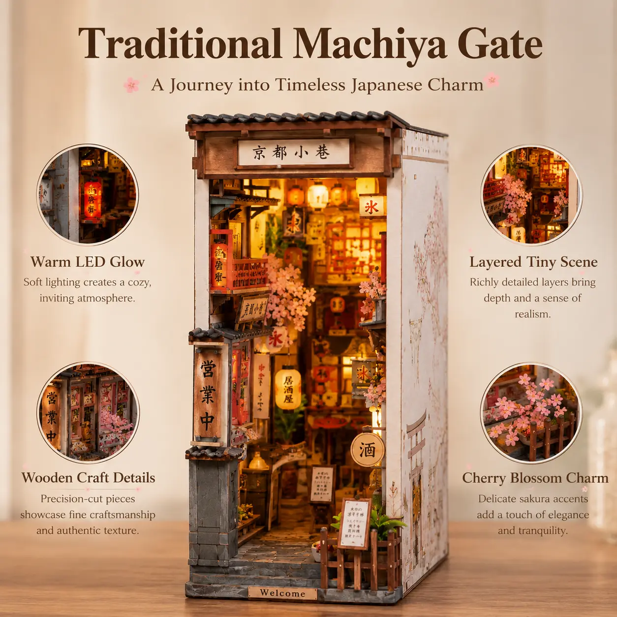 【Rolife】Sakura Wine Alley DIY Book Nook Shelf Insert Building Block Set, Japanese Izakaya Ramen Alley Miniature Blocks Kit with Lanterns, Cherry Blossoms, Realistic Street Food, Whimsical Home Decor, Cool Gifts for Kids, Mini Gifts rubber band  Cute ball