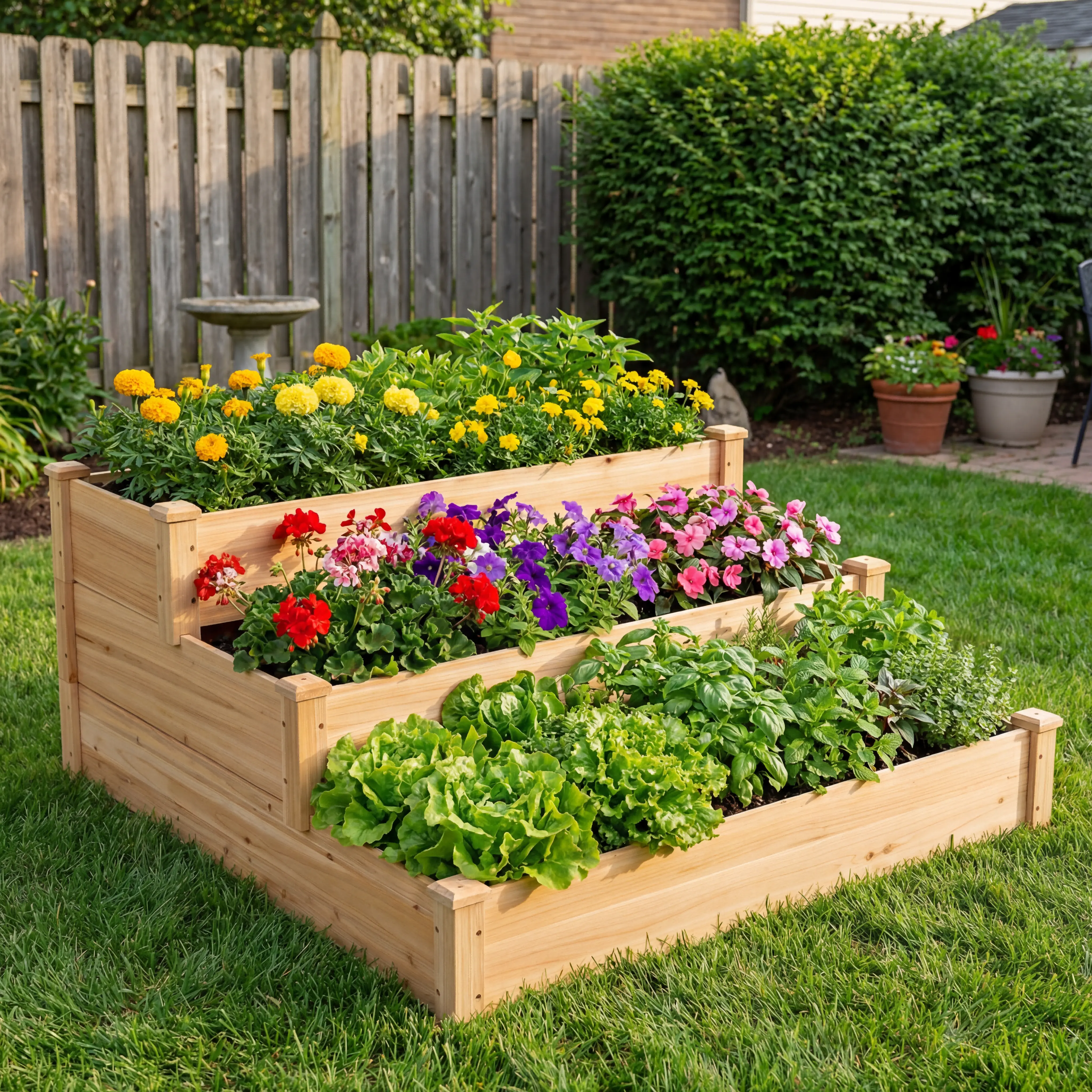 Yaheetech 3-Tier Square Solid Fir Wood Raised Garden Bed - 47.2″ L × 47.2″ W × 22″ H Rustic Elevated Planter Boxes, DIY Paintable Low-Maintenance Outdoor Planters with 3 Growing Areas, Drainage Openings, Assembly Required for Backyard Gardeners, Diy Paint