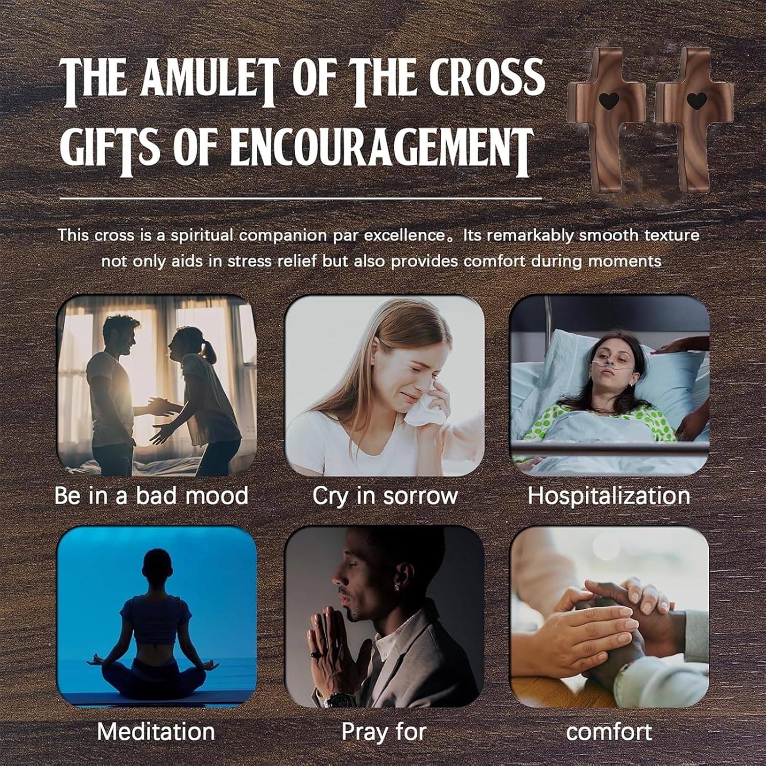 Wooden Cross Fidget, Cross My Heart Walnut Pocket Crosses for Anxiety Relief & Prayer Christian Gifts Fidget Toys for Children and Adults