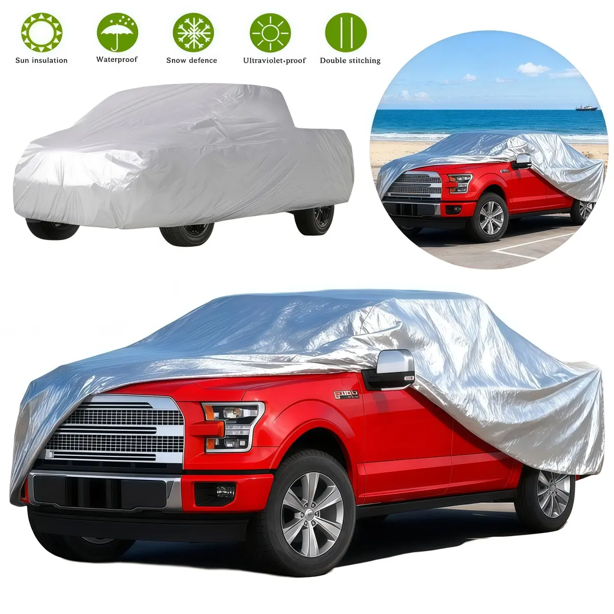 230*59*57" 6 Layers Truck Pickup Car Cover Outdoor Waterproof All Weather, 170T Polyester Taffeta Full Cover Heavy Duty Outdoor Sun UV Rain Dust Protection Cover Silver, Universal for Most Pickup Car Truck - 230 inch (L)