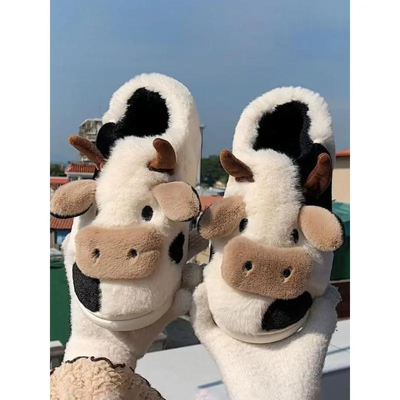 Women's Cute Cozy Fuzzy Plush Cow Slippers for Women Soft Warm Slide Footwear Fall Winter Stylish Design, Ideal Gift for Indoor & Outdoor Walking