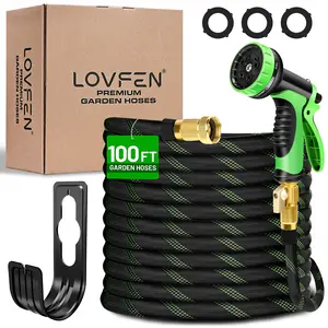 LOVFEN Garden Hose 100 Ft, Kink Free Flexible Water Hose With 10-Pattern Spray Nozzle, Lightweight Hose Pipe, Leak Proof, 3/4" Swivel Connectors, Super Fabric, Portable Storage Strap