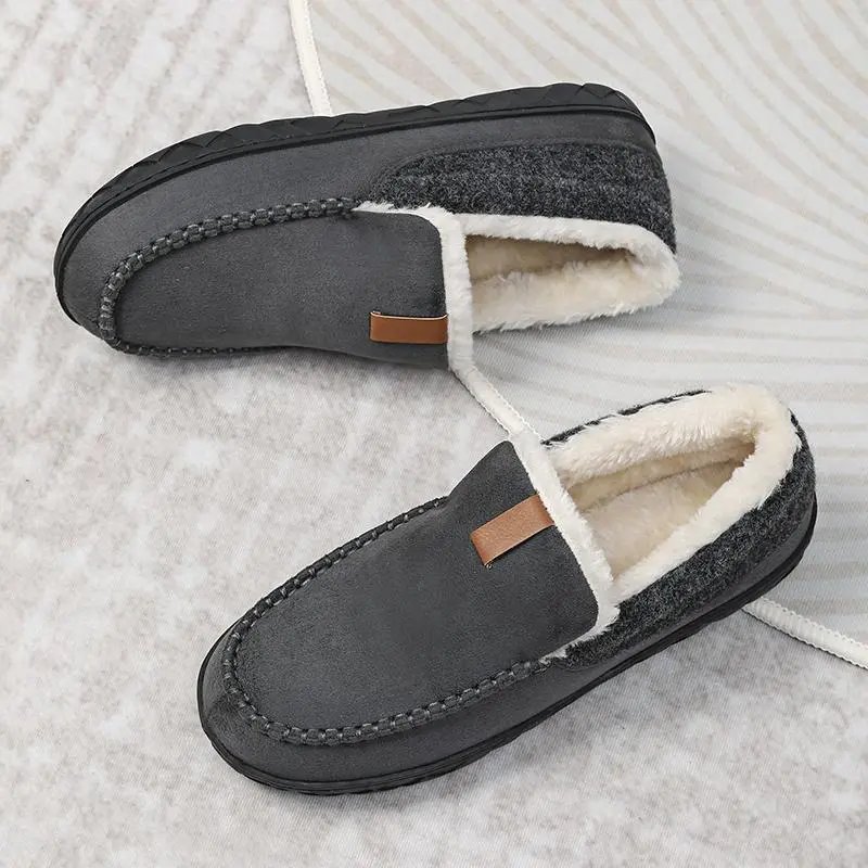 Men's Winter Velvet Home Slippers - Classic Stitched Upper, Soft White Plush Lining, Non-Slip Wear-Resistant Rubber Outsole, Cozy Aesthetic Men's Fashion Shoe, Footwear for Autumn-Winter Study Bedroom Comfort, Slide Slippers, Cozy Aesthetic Men's Fashion