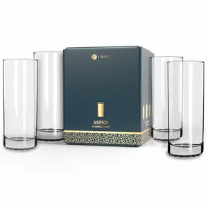 Libbey Aspen Highball Drinking Glasses Set of 4, 10.5 Oz, Clear, Stylish Retro Tall Glass Cups, Modern Bar Glassware for Cocktails, Mojito, and More