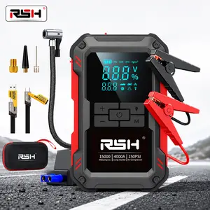 【Father's Day Gift】15000mAh Ultra-Safe Jump Starter – Starts all 12V battery vehicles. Features 150 PSI air compressor, 18W fast charging, tire pressure check, and LED light. Includes jumper cables, air hose, storage bag, and 4-in-1 charging cable