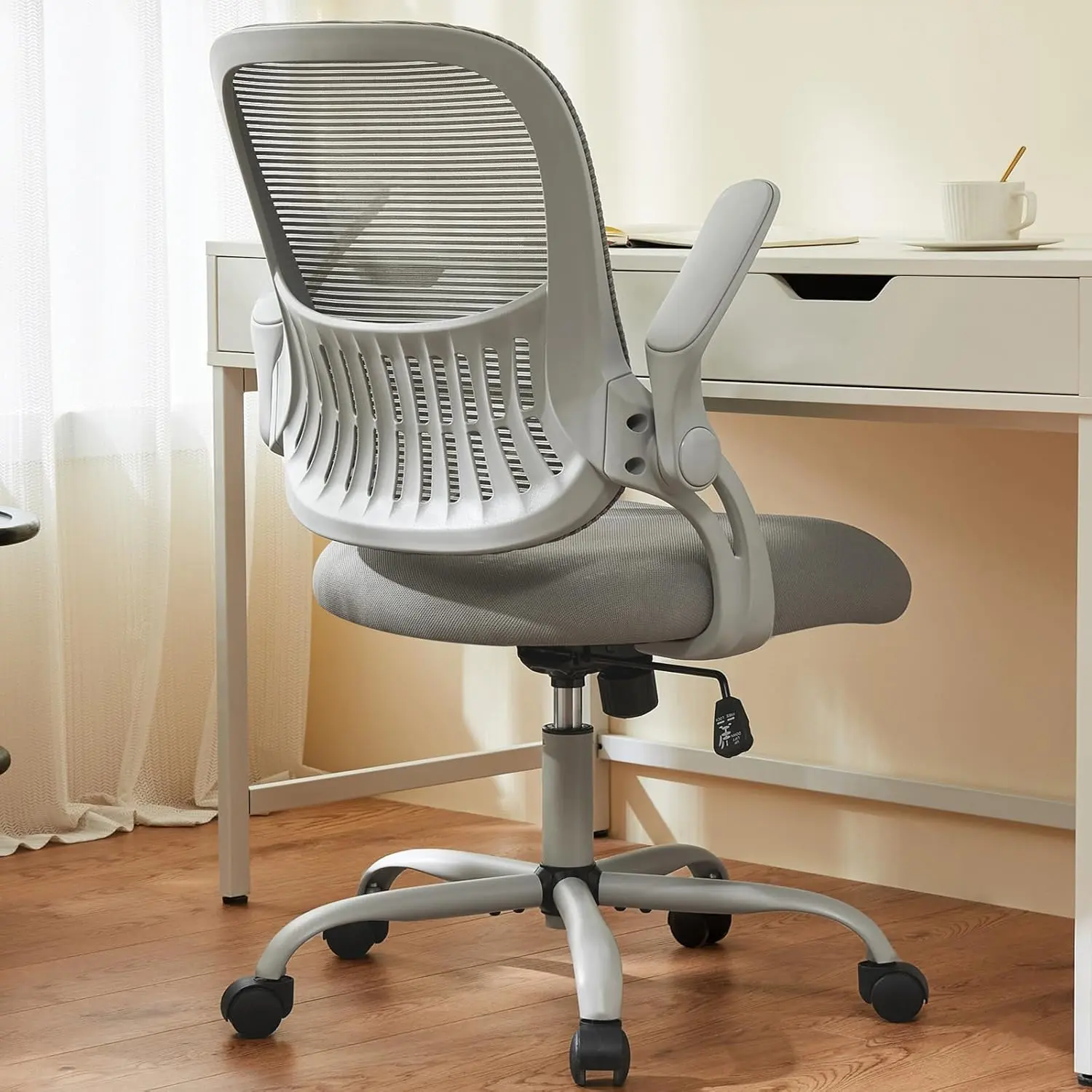 Office Computer Desk Chair, Ergonomic Mid-Back Mesh Swivel Task Chair Equipped with Rolling Casters, Soft Flip-Up Armrests & Ergonomic Lumbar Cushion, Ideal for Home, Bedroom, Study and Students