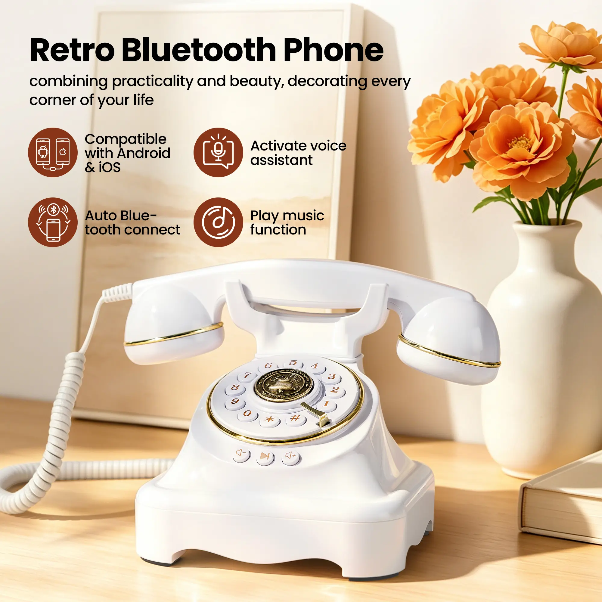 Retro Bluetooth phone with hands-free calling, music playback, voice assistant activation,Volume control, and USB charging, suitable for office, living room, and bedroom use,less screen time phone,bluetoothhandset,landline phone