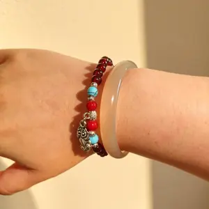Handmade ethnic style bracelet, glass stone garnet, Tibetan style, deep red, purple red, random small pendant, handmade Turquoise Beaded Carnelian Agate