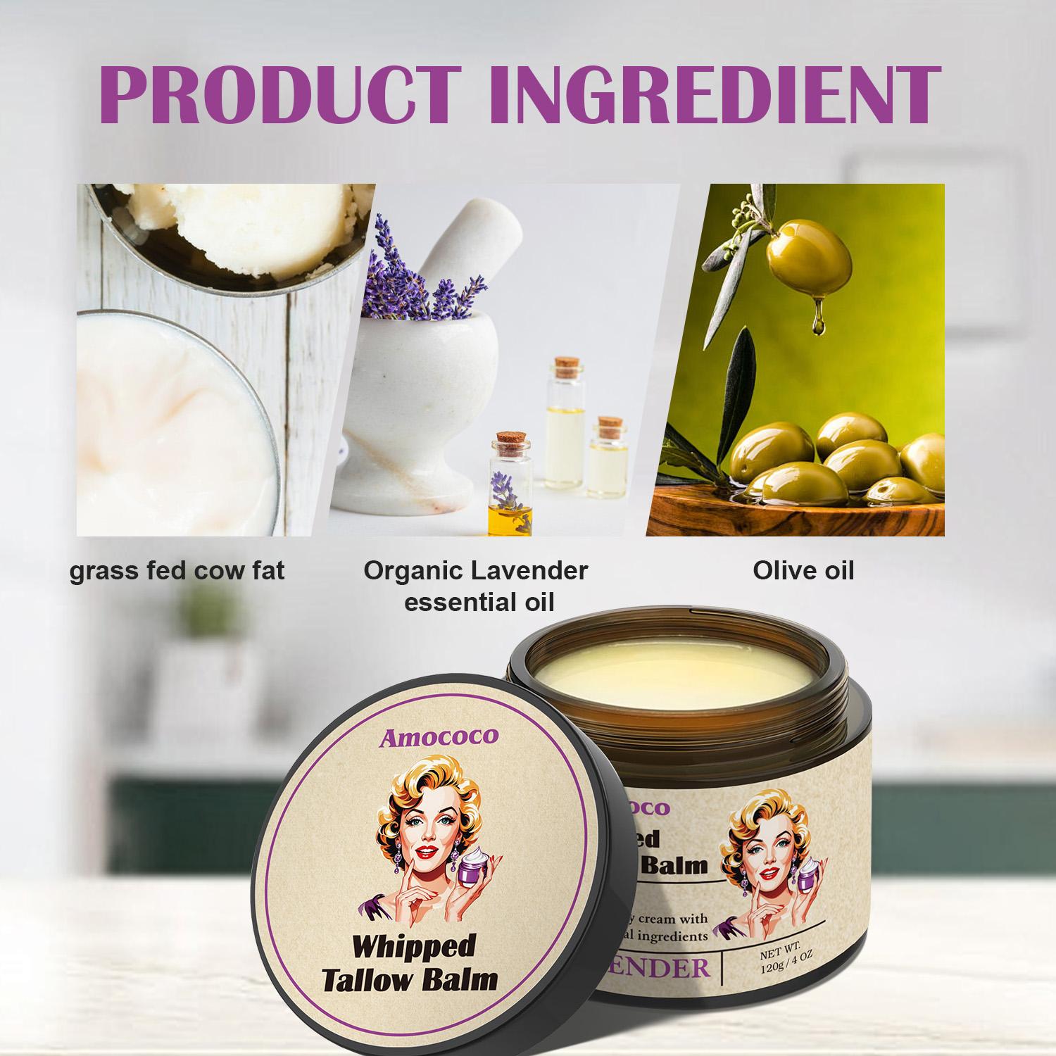 Tallow Cream 100% Natural Moisturizing Face and Body Cream That Soothes, Nourishes, Firms and Hydrates The Skin With Lavender and Vanilla Scents in Vintage Packaging.