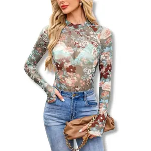 Green Floral Print Mock Neck Sheer Mesh Top