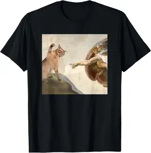 100% CottonFunny Cat God Creation of Adam Meme Jesus T-Shirt