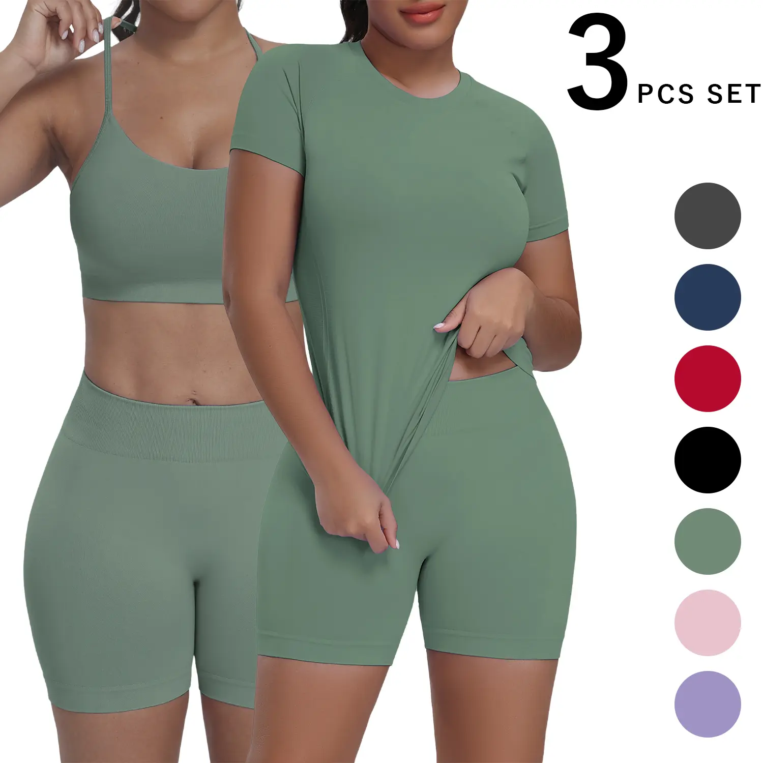 Women's Seamless 3-Piece Yoga Set with Sports Bra & Shorts, Lightweight Compression Workout Outfit for Beach Volleyball (Sizes S, M), Athletic Sports Clothing, Workout Running Clothes, Seamless Design