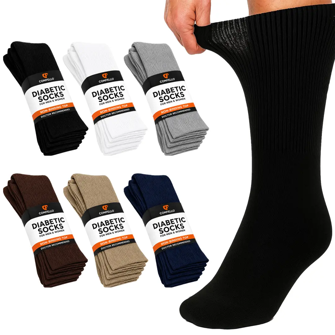 COMFELLO Diabetic Crew Socks for Mens & Womens, Non Binding Circulatory Cotton Socks, Seamless Toe, 3/6/12 Pairs - Sizes 9-11, 10-13, 13-15
