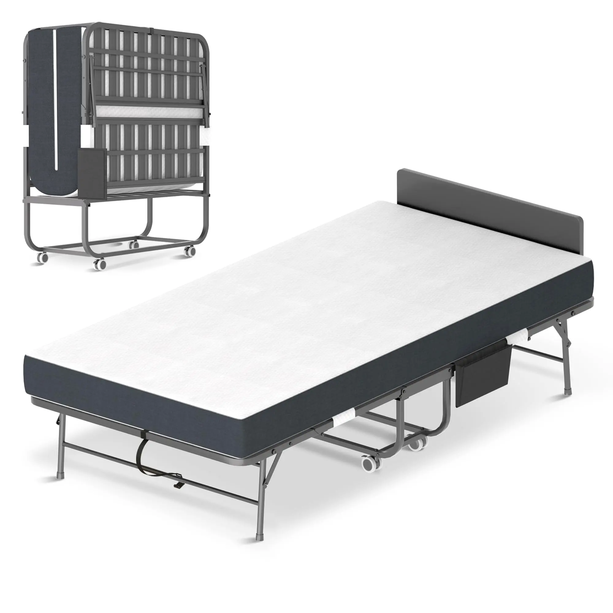 Foldable Roll Away Bed for Adults with Polyester Blend Mattress - Durable Metal Frame, Locking Wheels, Side Pockets, Headboard - Compact Storage Solution, Assembly Required - 3 Sizes (75"x31"/75"x38"/75"x46") - Ideal for Modern Bedroom Use