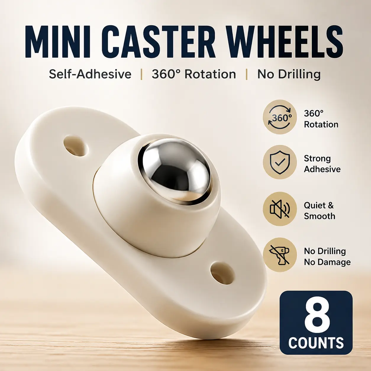 8/16/24 Counts Self-Adhesive Mini Caster Wheels | 360° Rotating Furniture Glides | Heavy-Duty & Low Noise Design | Durable Nylon Rollers for Storage Bins, Appliances & DIY Projects