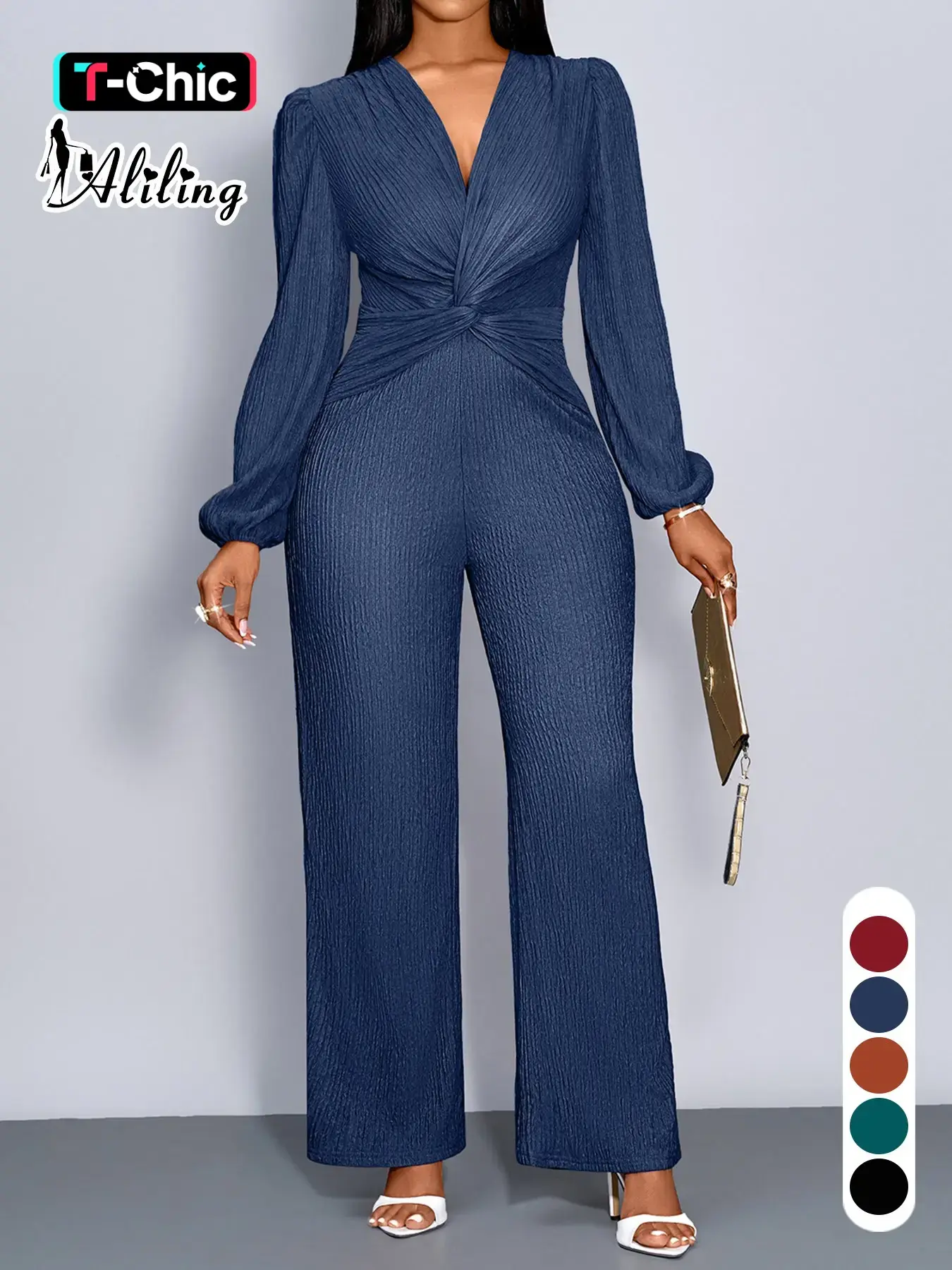 Aliling Fahsion Jumpsuit For Women Womenswear Autumn Sexy Elegant Chic Style Women's Jumpsuits, Elegant Fashion Jumpsuit, Deep V Neck High Waist Fit Twist Knot Design Long Pants, Puff Sleeve Wide Leg Pants Jumpsuit ,All Seasons Causal Wear