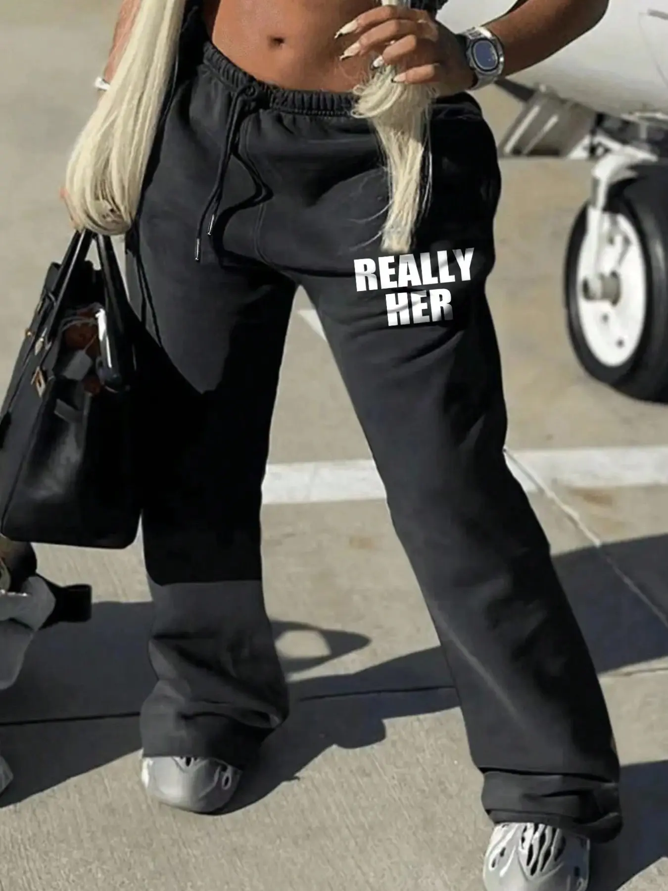 REALLY HER Graphic Print Black Flared Sweatpants | Women's Vintage Washed Drawstring Wide Leg Track Pants | Y2K Baggy Streetwear Essential | Soft Cotton Fleece Loungewear | Perfect for Airport Travel Casual Daily Errands 2026 Trendy High Waist Lounge Pant