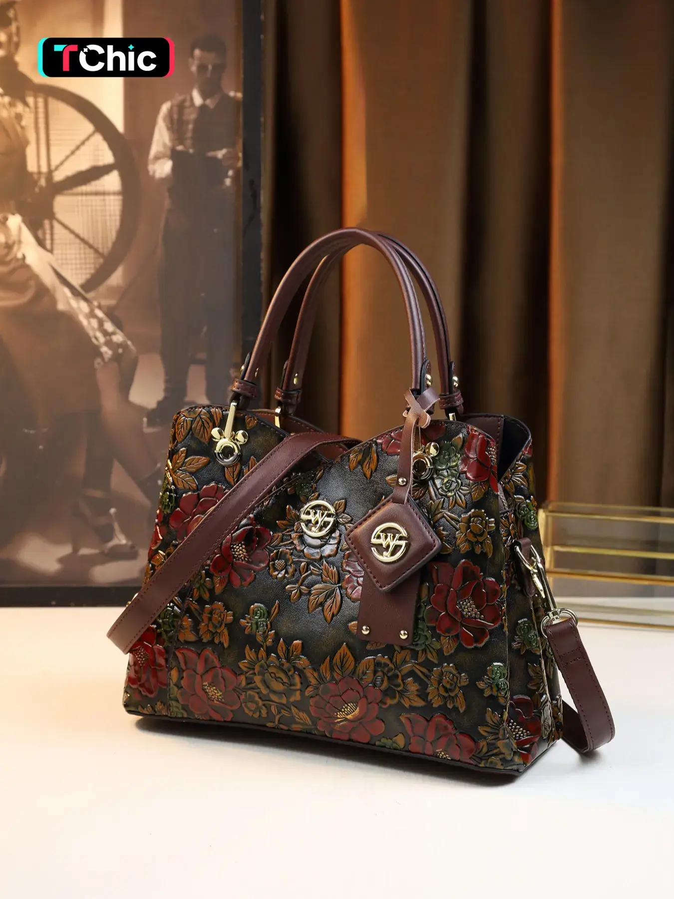 Women's Elegant Floral-Embossed Handbag, Vintage-Style Zipper Crossbody Shoulder Bag, All-Match Purse for Daily Use