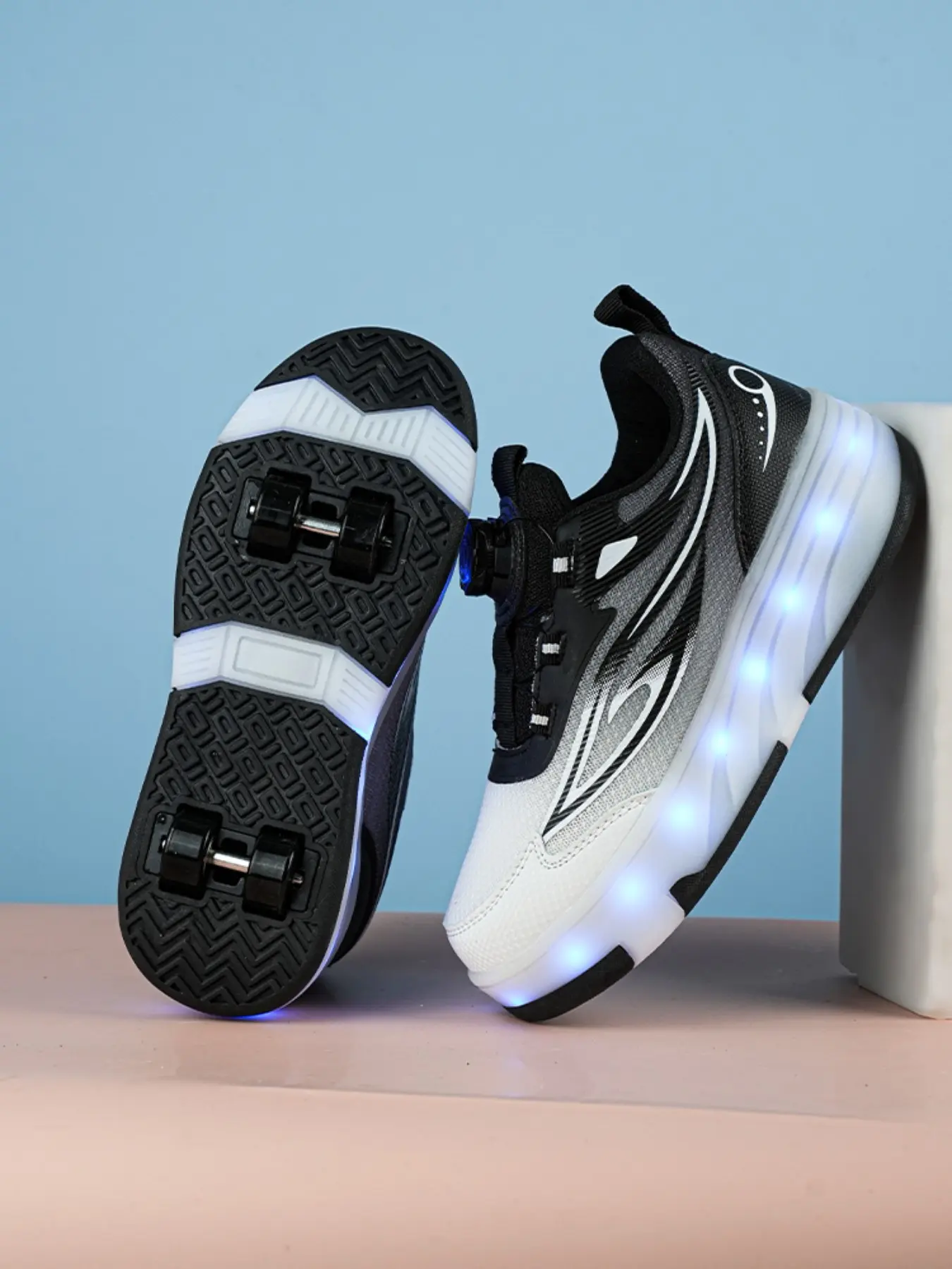 Unisex Beginner Skate Shoes, Shoes with Wheels, Waterproof Leather Rotating Buckle, Durable Anti-Slip Four-Wheel Multifunctional Roller Skates, USB Charging Light Shoe, Adjustable Roller Skates, Skating Shoes